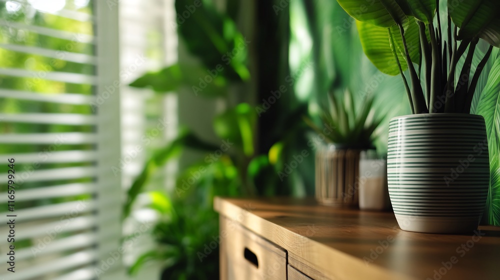 Fototapeta premium Home Decor: Green Plants and Wooden Furniture in a Sunlit Room