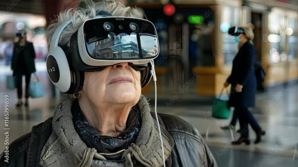A woman wearing a VR headset is standing in a public area. She is wearing headphones and she is looking at something A woman wearing a VR headset is standing in a public area. She is wearing headphones and she is looking at something