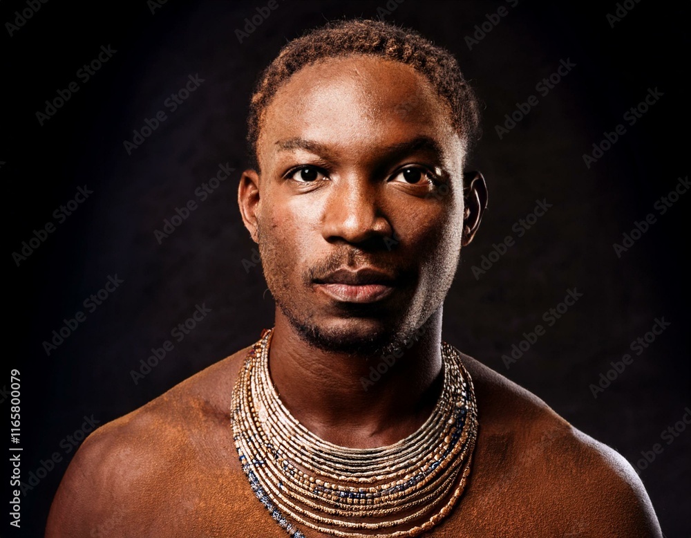 Close-up portrait of a Himba man with ochre-coated skin and traditional jewelry. Close-up portrait of a Himba man with ochre-coated skin and traditional jewelry.