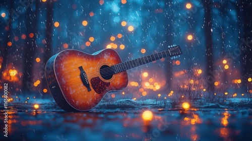 Elegant acoustic guitar resting on wet ground amid colorful bokeh lights in a serene forest scene during a gentle rain, creating a magical atmosphere of music and nature.