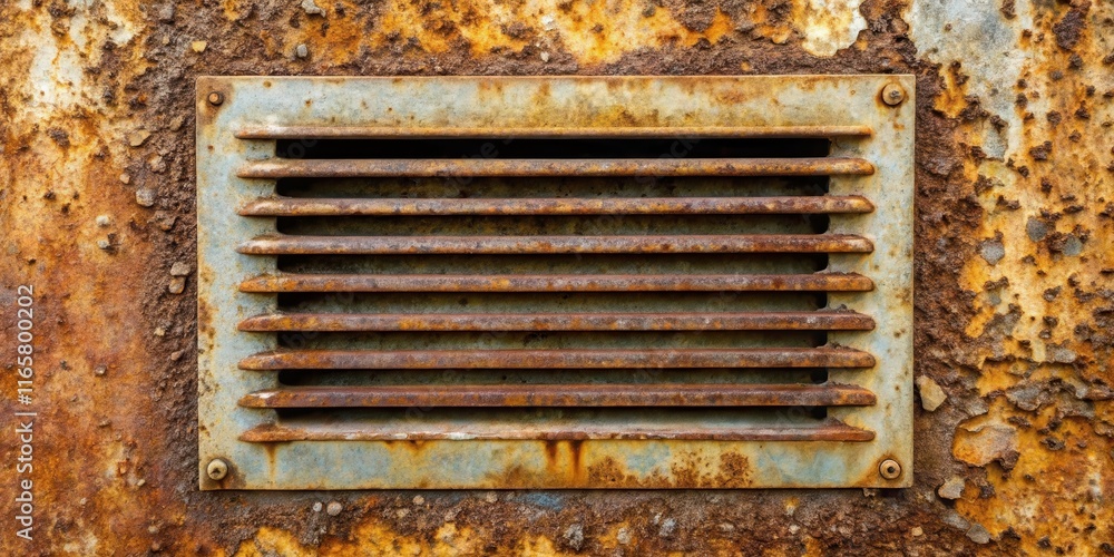 A rusted metal vent on a weathered surface, showcasing the slow and steady progression of time and the elements' impact on metal A rusted metal vent on a weathered surface, showcasing the slow and steady progression of time and the elements' impact on metal