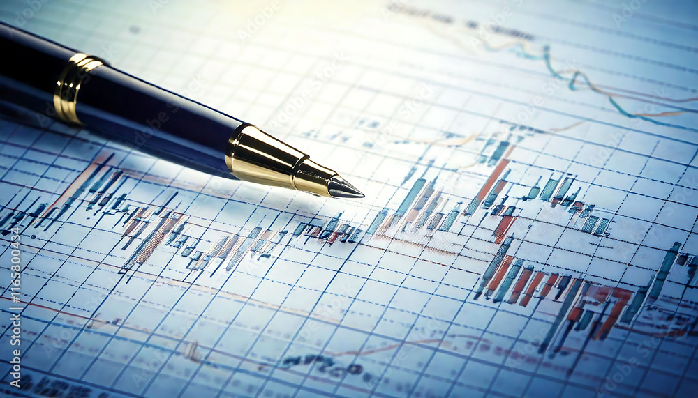 Close-up of a sophisticated pen resting on detailed financial charts. Ideal for illustrating concepts of business, finance, analysis, investment, and market trends. Close-up of a sophisticated pen resting on detailed financial charts. Ideal for illustrating concepts of business, finance, analysis, investment, and market trends.