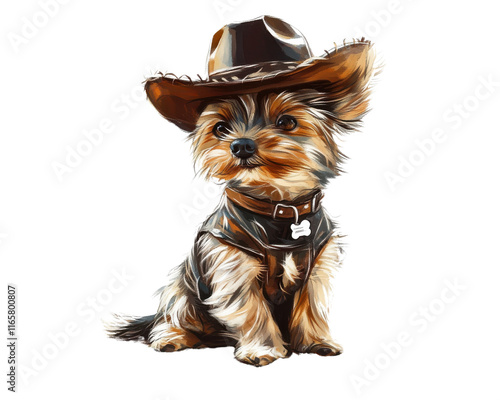 A small dog wearing a cowboy hat and outfit, white isolate background.