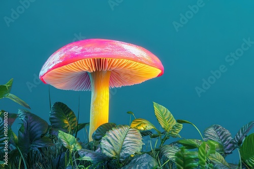 Vibrant pink and yellow mushroom in lush foliage against a teal background.  Surreal and colorful nature scene. photo