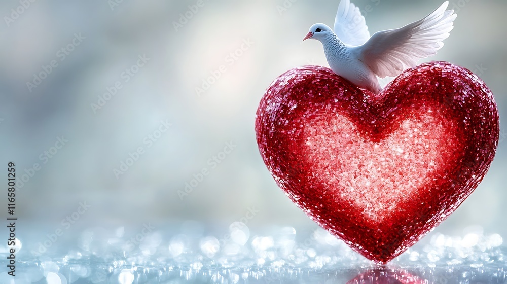 Obraz premium White Dove Resting on a Red Glittering Heart