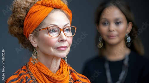 Elegant Senior Woman with Curly Hair and Orange Headscarf Posed Gracefully in Studio, with a Young Woman Standing Behind Her in Neutral Tones