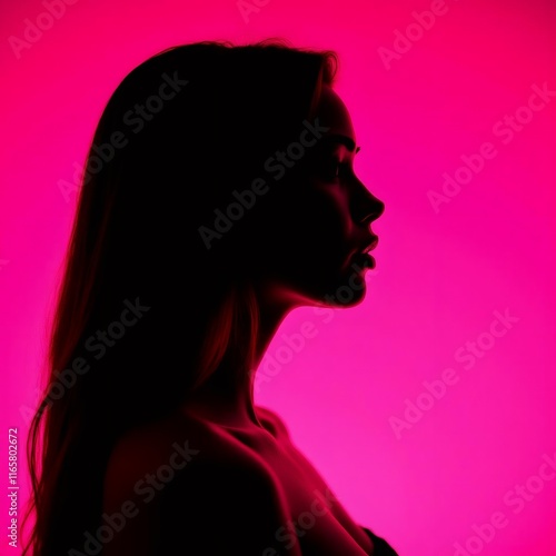 Retrato femenino en perfil con iluminación rosa intensa y contraste definido
