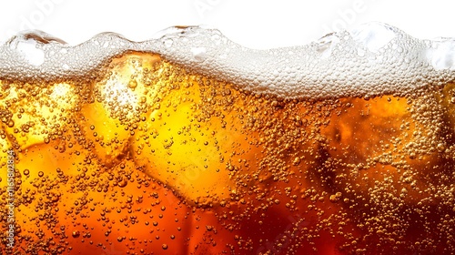 A close-up of soda water with ice on white background.