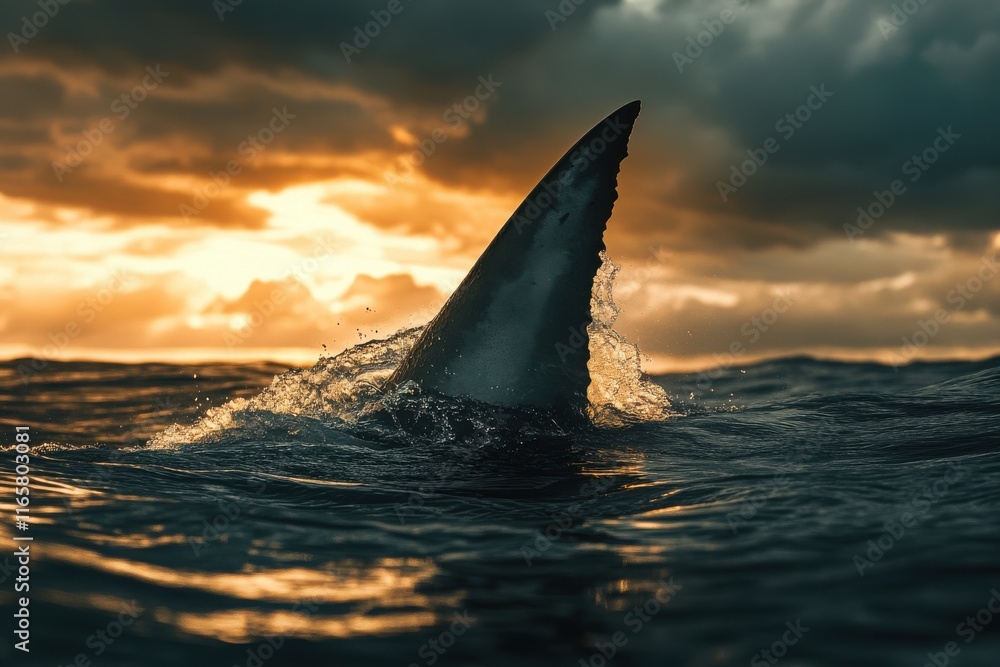 Fototapeta premium Shark Fin Emerging from Ocean at Sunset