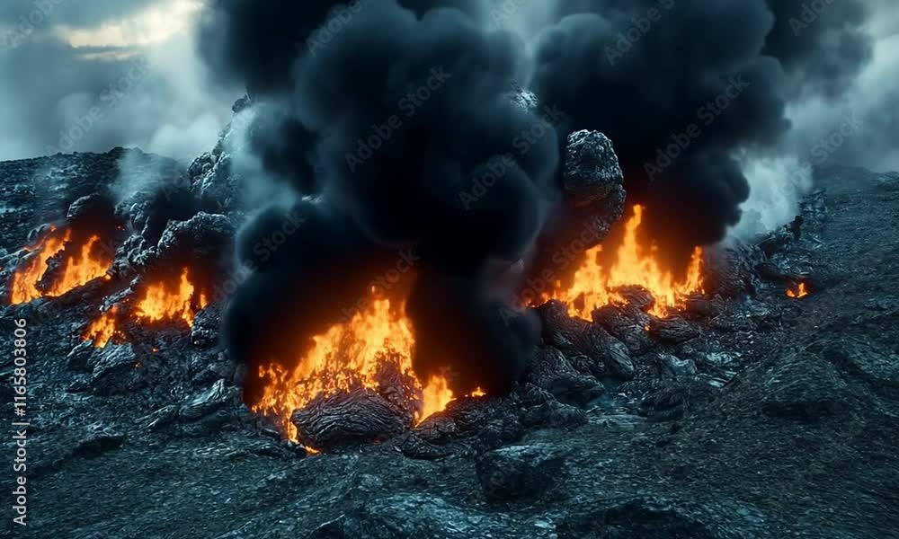 A volcanic eruption with flowing lava and thick smoke creating a dramatic landscape. A volcanic eruption with flowing lava and thick smoke creating a dramatic landscape.