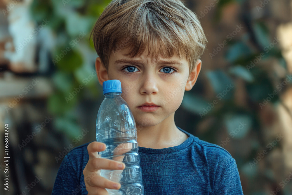 A boy stands on the street with an empty bottle of water in his hand and seriously looks into the distance. problems of shortage of clean drinking water A boy stands on the street with an empty bottle of water in his hand and seriously looks into the distance. problems of shortage of clean drinking water