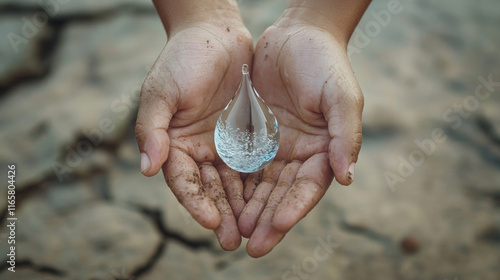 A drop of water in hands symbolizes hope in a drought-stricken area against a background of cracked earth.