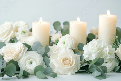 Elegant white roses and candles create a serene and peaceful atmosphere.