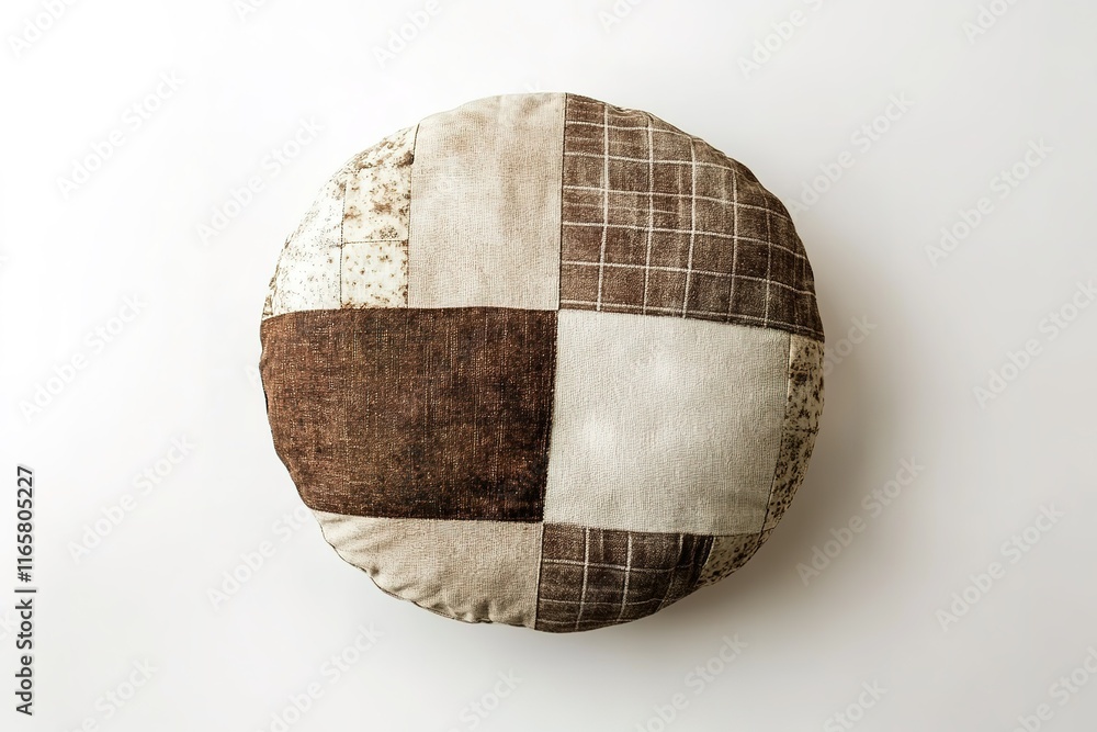 Fototapeta premium Round patchwork cushion in beige and brown tones. Perfect for adding texture and comfort to any room.
