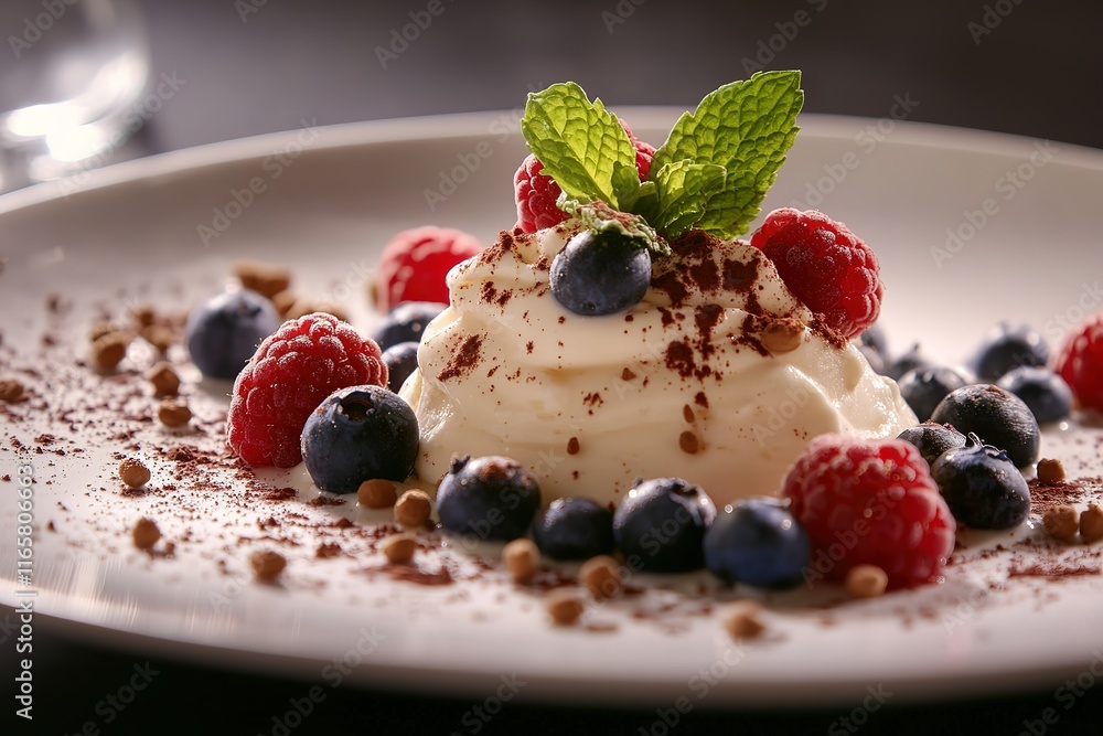 Creamy dessert with fresh raspberries and blueberries, topped with cocoa powder and mint. Creamy dessert with fresh raspberries and blueberries, topped with cocoa powder and mint.