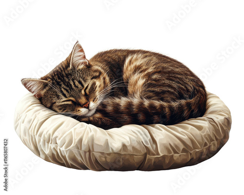 Cat sleeping peacefully on a cozy cushion, white isolated background. photo