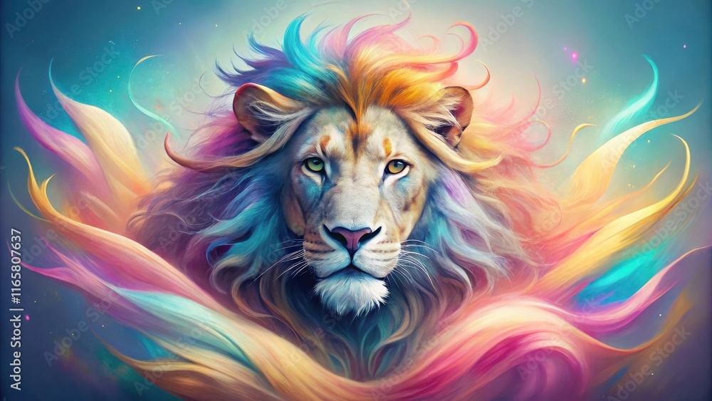 A majestic lion with colorful mane, a symbol of strength and beauty, surrounded by vibrant swirls of color. A majestic lion with colorful mane, a symbol of strength and beauty, surrounded by vibrant swirls of color.