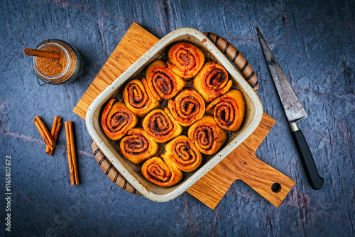 Homemade cinnamon snail rolls backed with brown sugar served as top view in a backing form photo