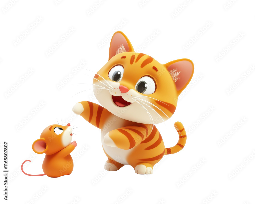 Fototapeta premium Cheerful cartoon cat playing with a cute mouse, white isolate background.