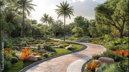 Serene Pathway Through Lush Tropical Garden with Vibrant Plants, Palm Trees, and Peaceful Natural Landscape Under Soft Sunlight