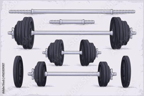 Hand drawn set of multiple gym workout equipment, collection of adjustable barbells and dumbbells