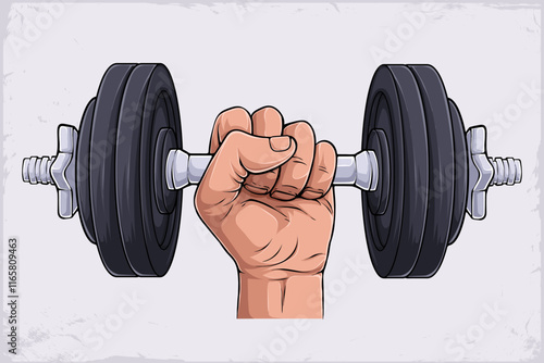 Hand drawn workout hand grip on adjustable dumbbell, fitness training  dumbbell with weight discs