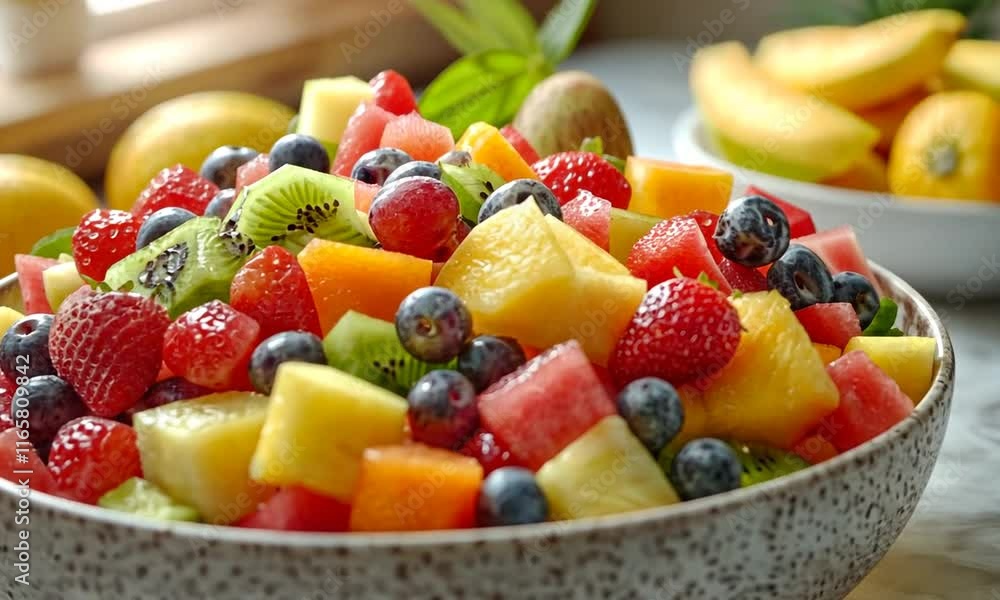 A vibrant bowl of mixed fresh fruit salad, showcasing colorful pieces of various fruits. A vibrant bowl of mixed fresh fruit salad, showcasing colorful pieces of various fruits.
