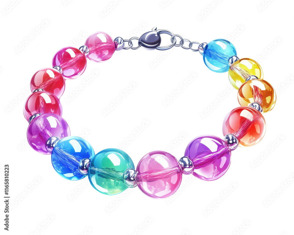 Colorful bead bracelet with transparent and glossy finish, isolated on white background. Colorful bead bracelet with transparent and glossy finish, isolated on white background.