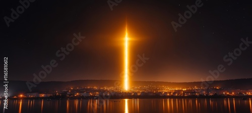 Flash light beam Jesus Cross symbol. Religion faith worship spirituality concept. Generative AI technology.	
 photo