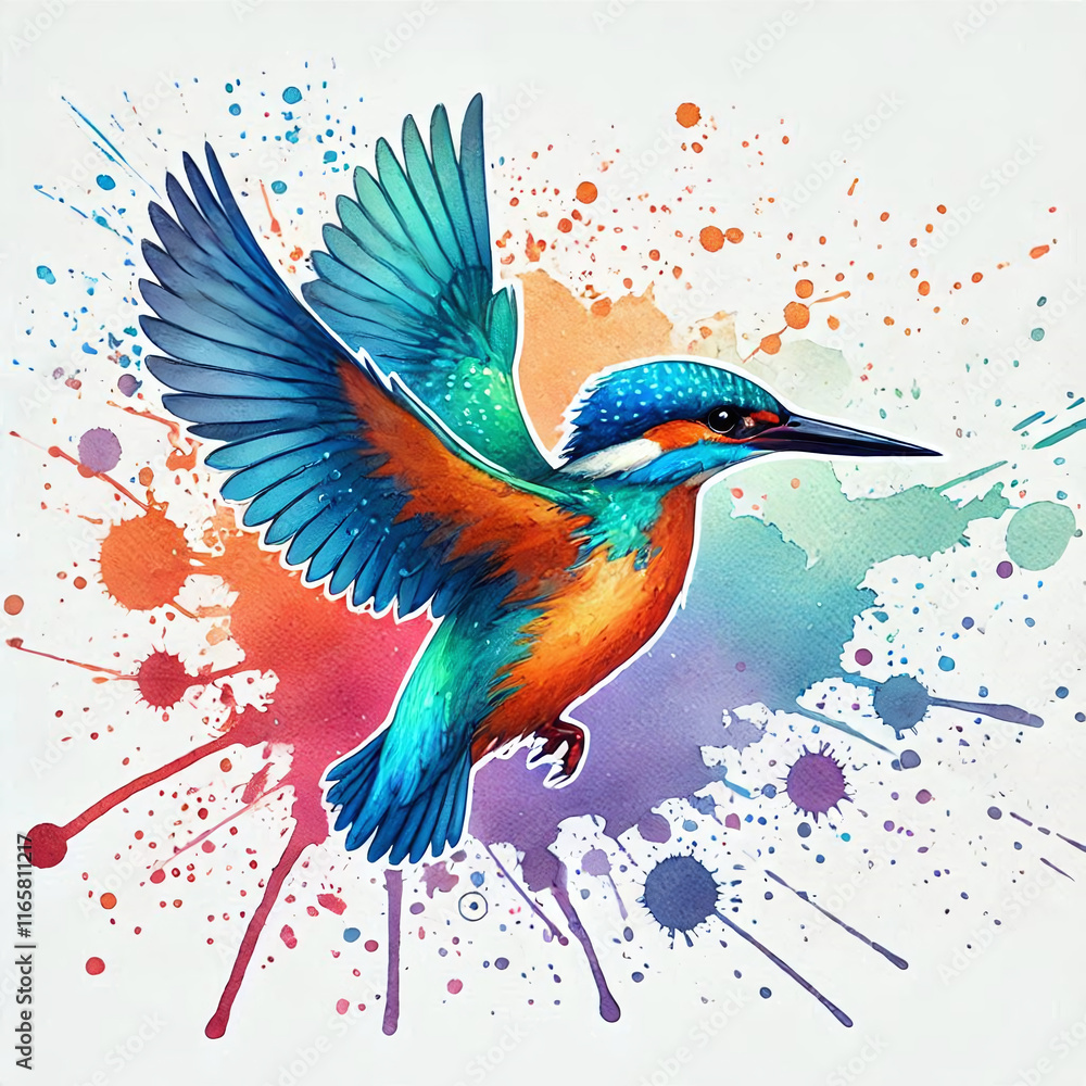 Obraz premium A Vibrant Watercolor Illustration of a Kingfisher in Mid-Flight, Wings Spread and Hovering Against a Splashed Background. Generative AI.
