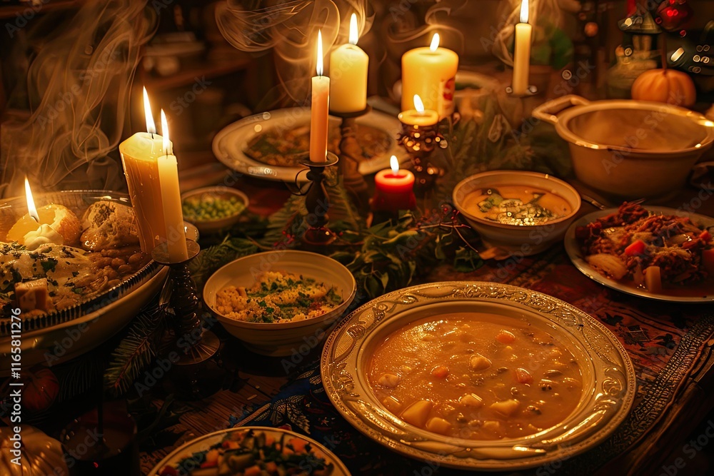Fototapeta premium Festive organic Christmas dinner table with natural decor and seasonal dishes.