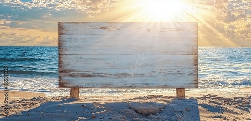 Wooden beach billboard under sunlight, ideal for promotional use. photo