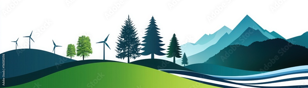 Obraz premium A serene landscape featuring hills, trees, wind turbines, and mountains, symbolizing sustainability and harmony with nature.
