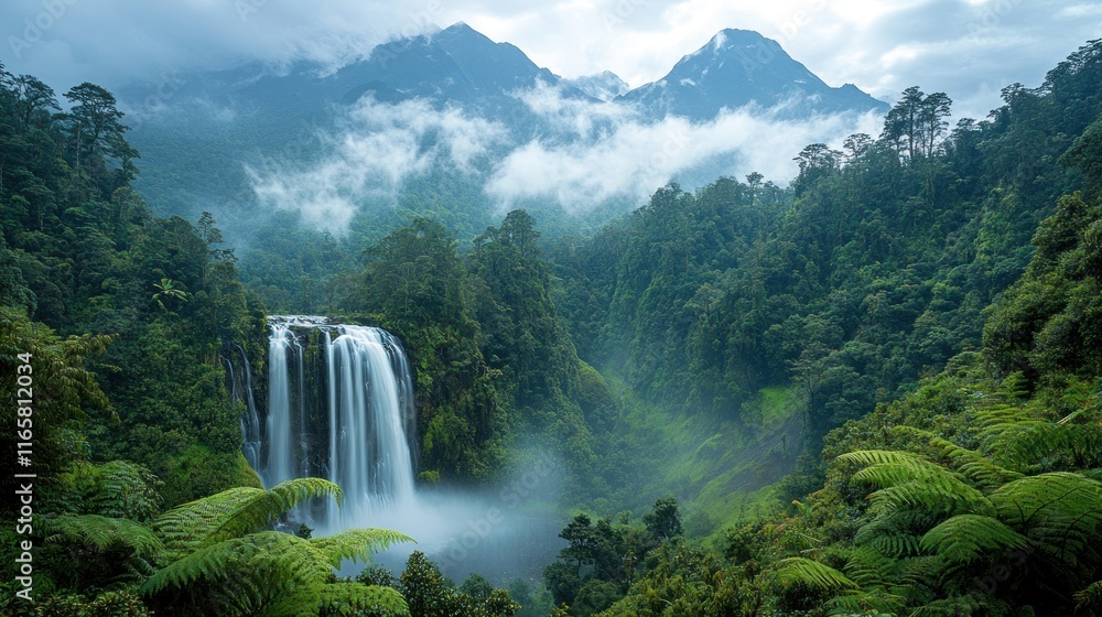 Fototapeta premium Misty rainforest waterfall cascading down a lush valley surrounded by towering mountains.