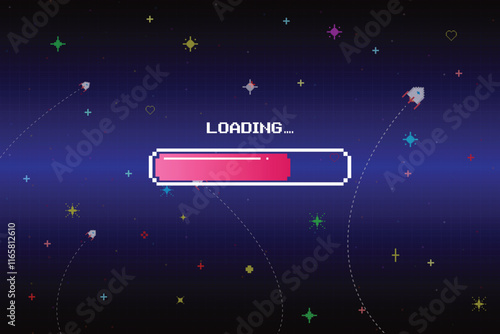 LOADING. pixel art. 8 bit. retro game. for game assets in vector illustrations. Retro Futurism Sci-Fi Background. glowing neon grid and star from vintage arcade computer game.