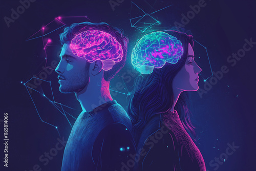 A digital illustration of a man and a woman standing side by side, each with their brains visible in a semi-transparent style.
