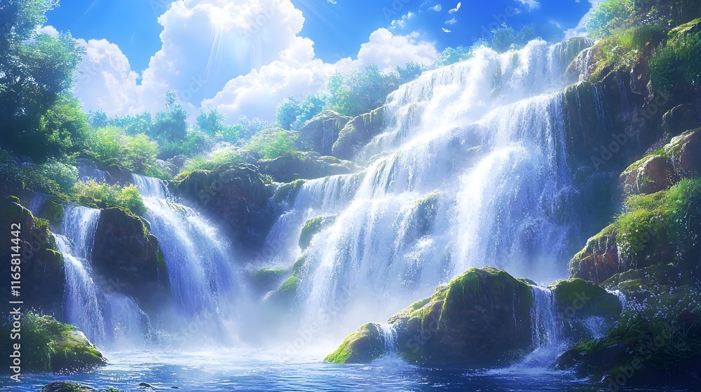 Fototapeta premium A majestic waterfall cascades down moss-covered rocks