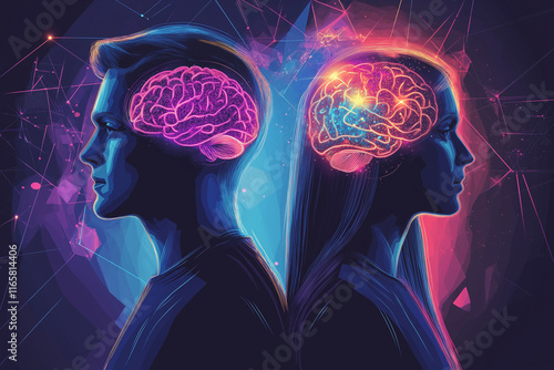 A digital illustration of a man and a woman standing side by side, each with their brains visible in a semi-transparent style.