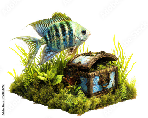 Colorful fish swimming near a treasure chest in lush green underwater vegetation. photo