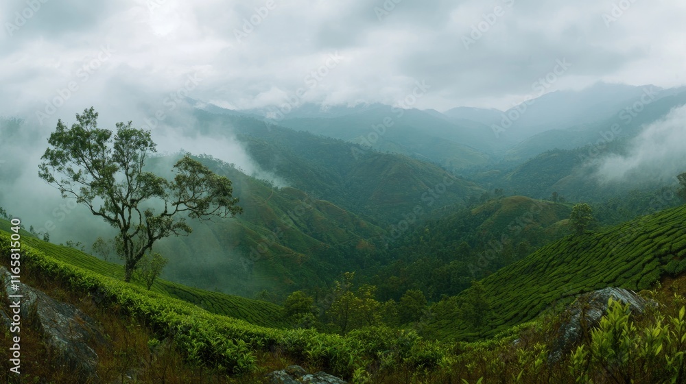 Fototapeta premium A scenic view of the Indian countryside, featuring lush green tea plantations in Munnar, Kerala, with mist-covered hills in the background