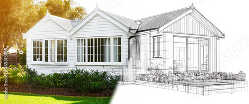 Custom home design visualization showing finished home and blueprint overlay