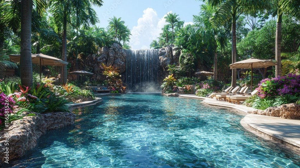 Naklejka premium Lush Jungle Oasis: A hidden tropical waterfall cascading into a crystal-clear lagoon, surrounded by exotic, oversized plants and vibrant flowers