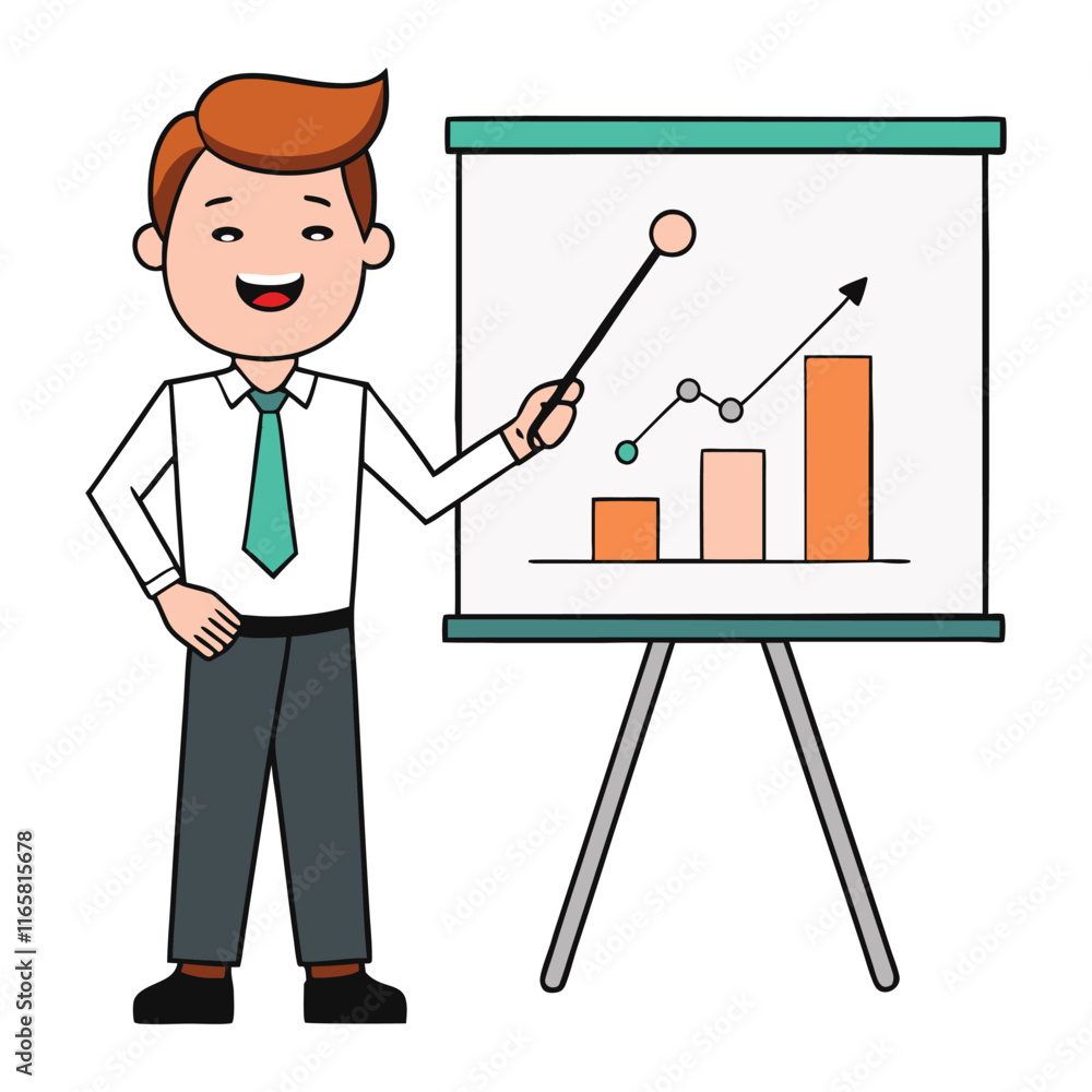 Vector illustration of a businessperson confidently pointing at a large chart while presenting, on a white background Vector illustration of a businessperson confidently pointing at a large chart while presenting, on a white background