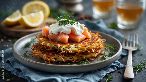 Latkes with salmon and creamy sour cream photo