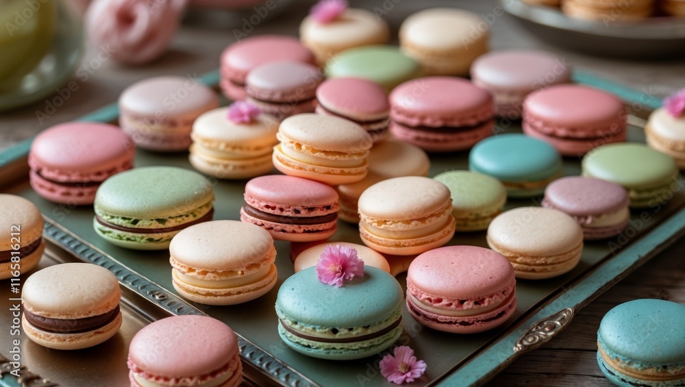 Macarons neatly arranged on a nostalgic tray Macarons neatly arranged on a nostalgic tray