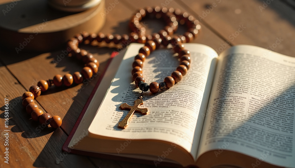 Wooden rosary on open book against wooden background Wooden rosary on open book against wooden background