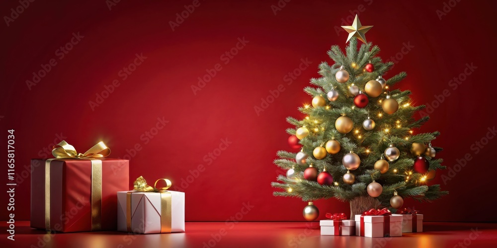 A beautifully decorated Christmas tree with twinkling lights and colorful ornaments, set against a vibrant red background, adorned with festively wrapped gifts. A beautifully decorated Christmas tree with twinkling lights and colorful ornaments, set against a vibrant red background, adorned with festively wrapped gifts.