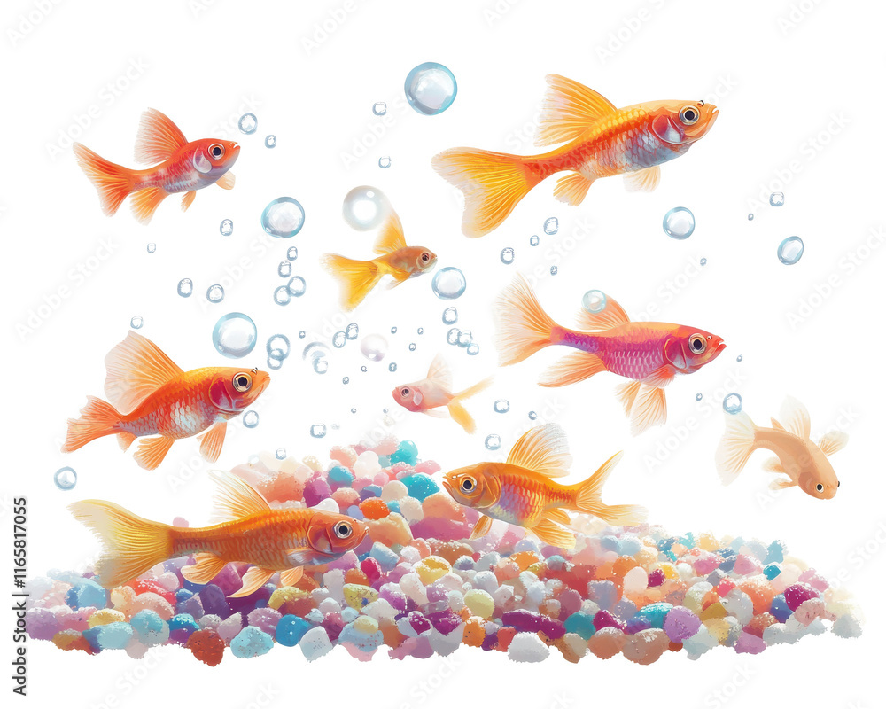 Naklejka premium Colorful goldfish swimming playfully in bubbles with cheerful colorful pebbles.