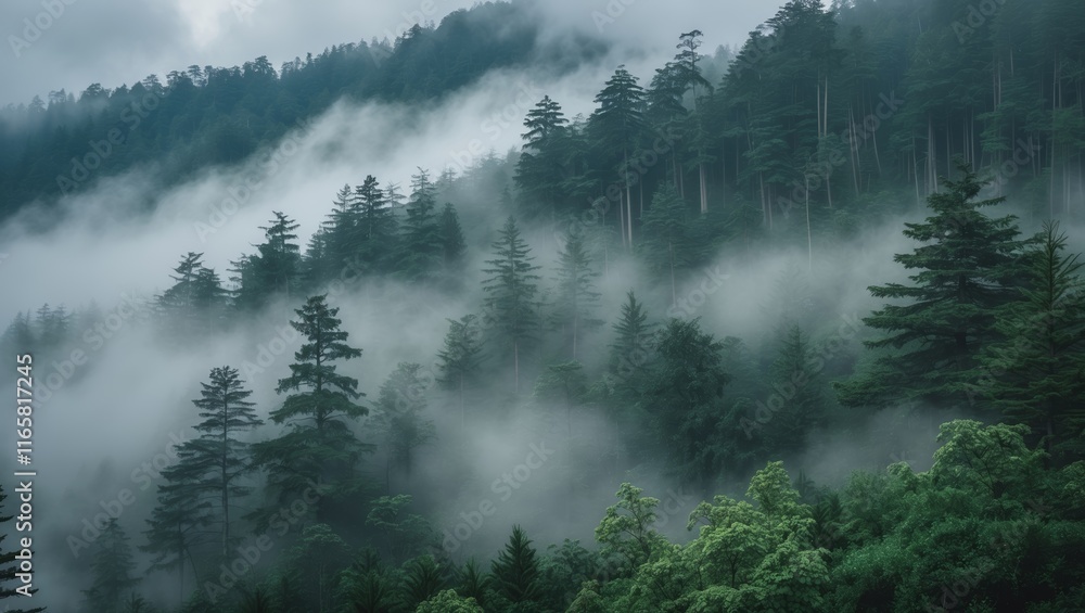 Misty pine forest on mountainside nature sanctuary