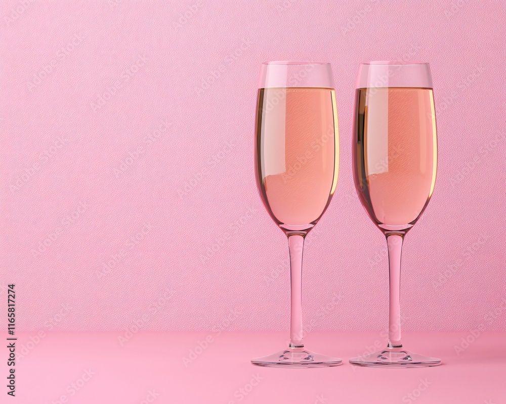 Valentine's Day Two Rose Champagne Flutes Pink Background Celebration Romantic Valentine's Day Two Rose Champagne Flutes Pink Background Celebration Romantic